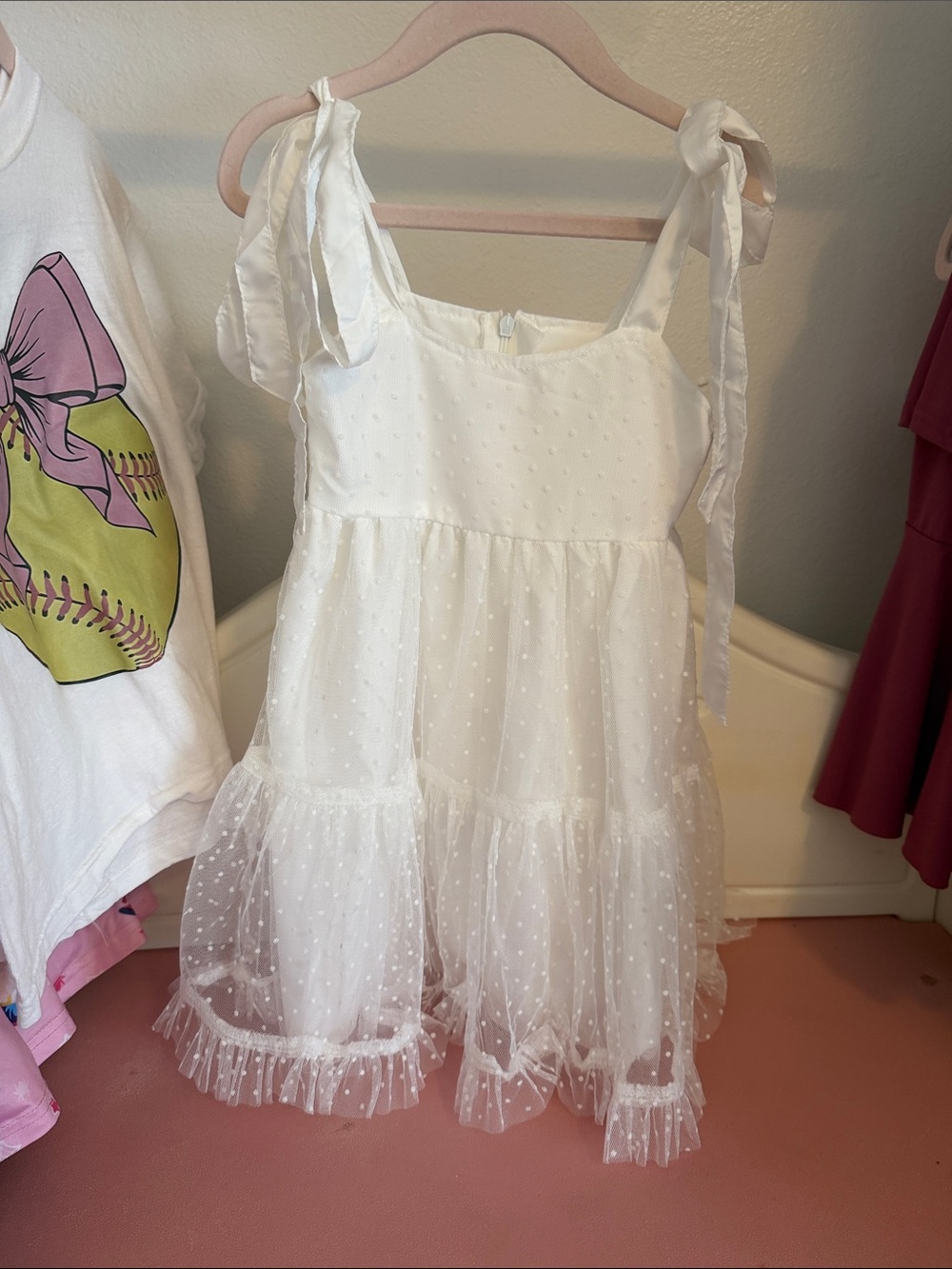White Swiss Dot Tie-Shoulder Dress